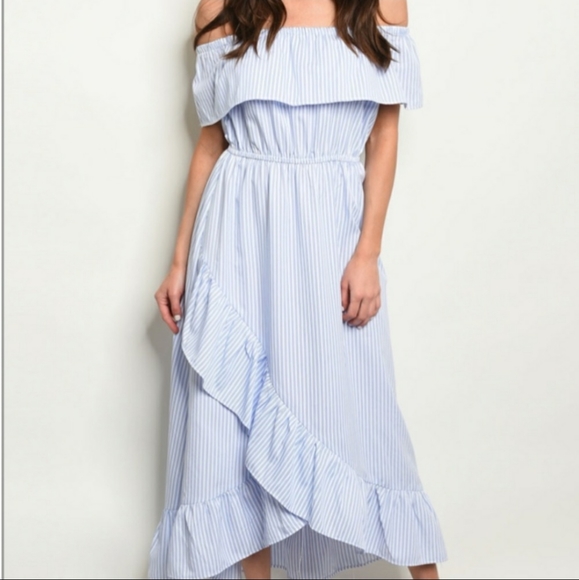 Striped white and blue off shoulder dress - Picture 2 of 8